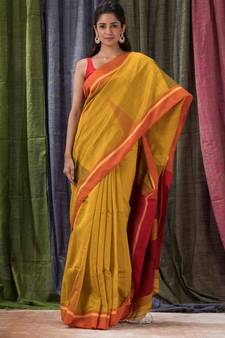 Yellow woven cotton silk saree with blouse