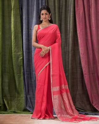 Red woven linen saree with blouse 1