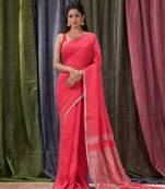 Red woven linen saree with blouse