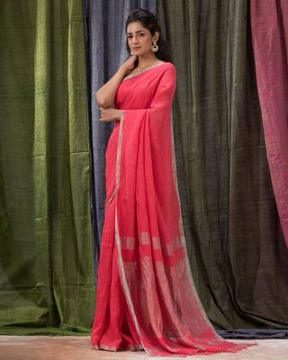 Red woven linen saree with blouse 2