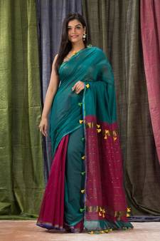 Teal woven cotton silk saree with blouse