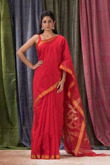 Red woven cotton silk saree with blouse