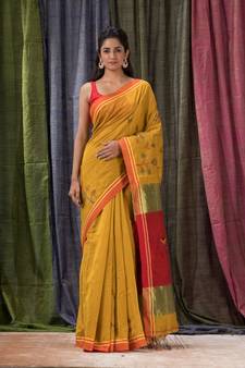 Yellow woven cotton silk saree with blouse