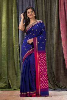 Blue woven cotton silk saree with blouse