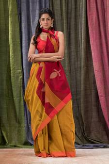 Yellow woven cotton silk saree with blouse
