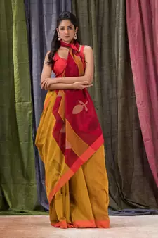 Yellow woven cotton silk saree with blouse