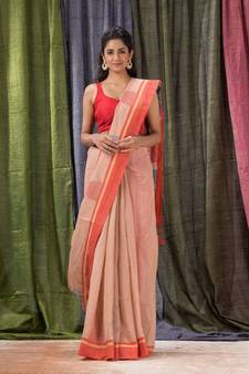 Beige woven cotton silk saree with blouse