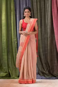 Beige woven cotton silk saree with blouse