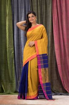 Mustard woven cotton silk saree with blouse