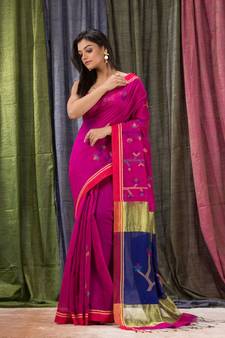 Rani pink woven cotton silk saree with blouse