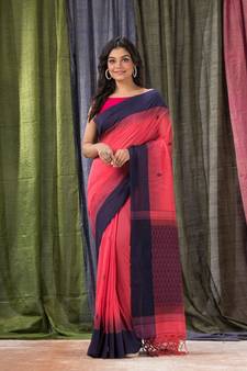 Dark hot pink woven cotton saree with blouse