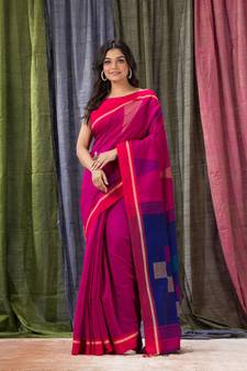 Rani pink woven cotton silk saree with blouse