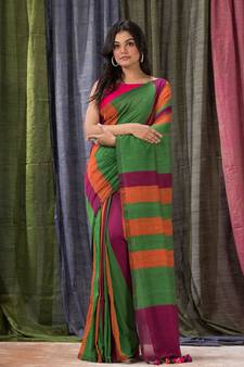 Green woven cotton saree with blouse