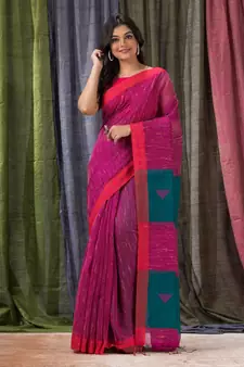 Rani pink woven cotton silk saree with blouse