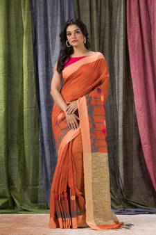 Orange woven cotton silk saree with blouse
