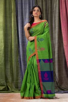 Green woven cotton silk saree with blouse