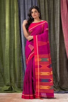 Rani pink woven cotton silk saree with blouse