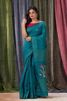 Teal woven cotton silk saree with blouse