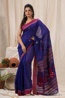 Blue woven cotton silk saree with blouse