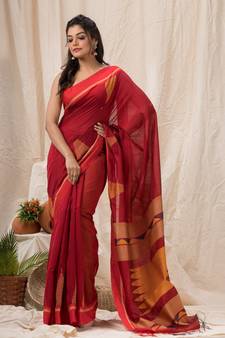 Red woven cotton silk saree with blouse