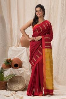 Beige woven cotton silk saree with blouse