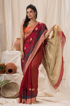 Maroon woven cotton silk saree with blouse