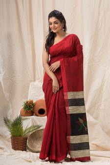 Maroon woven cotton silk saree with blouse