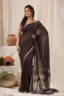 Dark brown woven linen saree with blouse