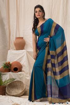 Tan woven cotton saree with blouse