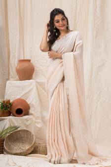Pink woven linen saree with blouse