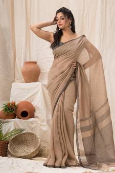 Tan woven linen saree with blouse