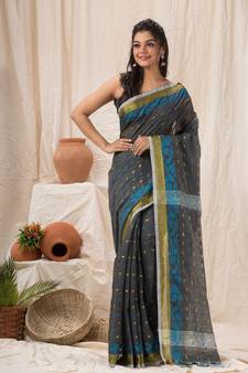 Grey woven cotton silk saree with blouse