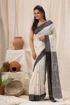 Off white woven cotton saree with blouse