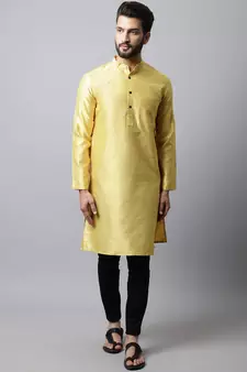 Yellow plain art silk men-kurtas