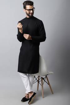 Black printed linen men-kurtas