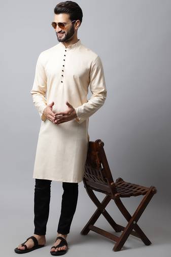 Beige plain pure cotton men-kurtas