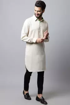Beige plain cotton men-kurtas