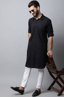 Black printed linen men-kurtas