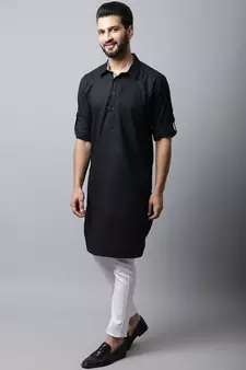 Black printed linen men-kurtas