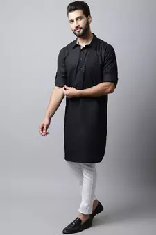 Black printed linen men-kurtas