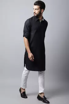 Black printed linen men-kurtas