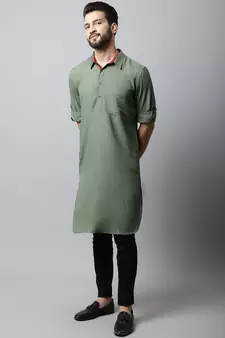 Green plain linen men-kurtas
