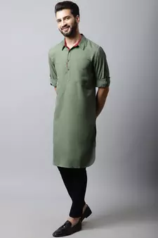 Green plain linen men-kurtas