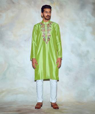 Parrot Green Embroidered Kurta 1