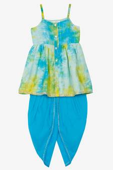 Girls Blue Floral Layered Kurti with Dhoti Pants
