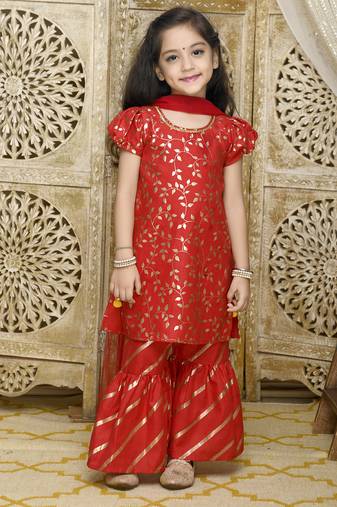 Girls red gold printed kurta with sharara