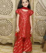 Girls red gold printed kurta with sharara