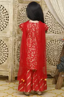Girls red gold printed kurta with sharara