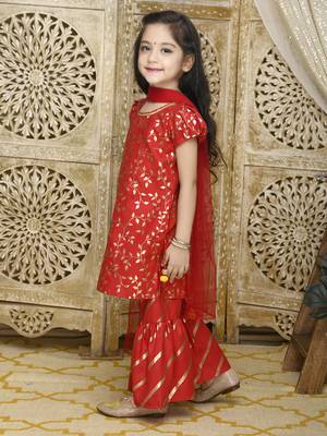 Girls red gold printed kurta with sharara 4
