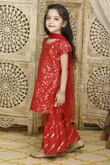 Girls red gold printed kurta with sharara